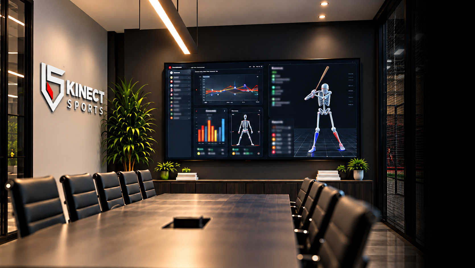 The Kinect Sports conference room, a wall screen showing a hitter's motion-capture skeleton and swing data