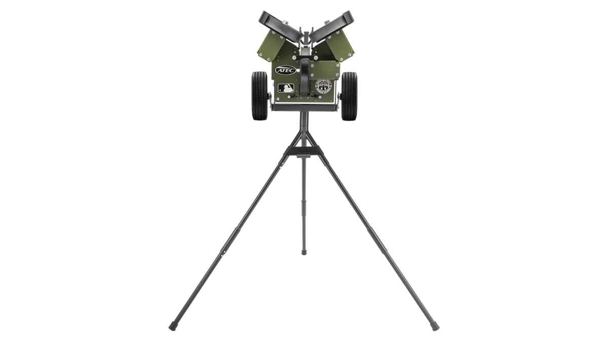 The ATEC M3X 2.0 on its wide-base tripod, three wheel housings set in a Y above the frame