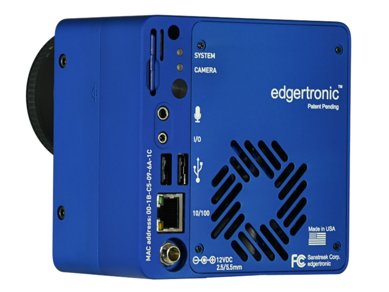 The rear panel of the Edgertronic SC1+, showing the SD slot, USB and Ethernet ports, trigger inputs and power connector