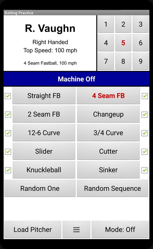 The iPitch Batting Practice screen: a right-handed pitcher loaded, a nine-zone target grid and ten pitch buttons