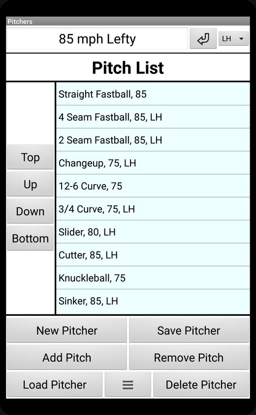 The iPitch Pitchers screen listing the ten pitches in an 85 mph left-hander's repertoire