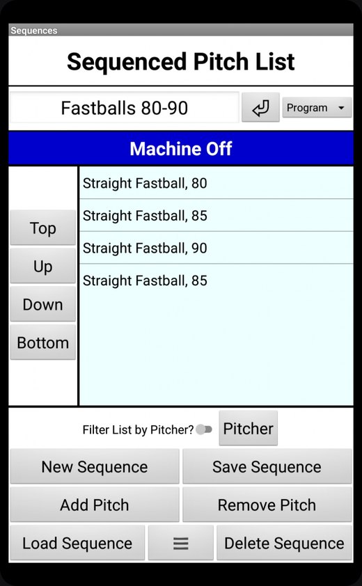 The iPitch Sequences screen with a program of straight fastballs from 80 to 90 mph