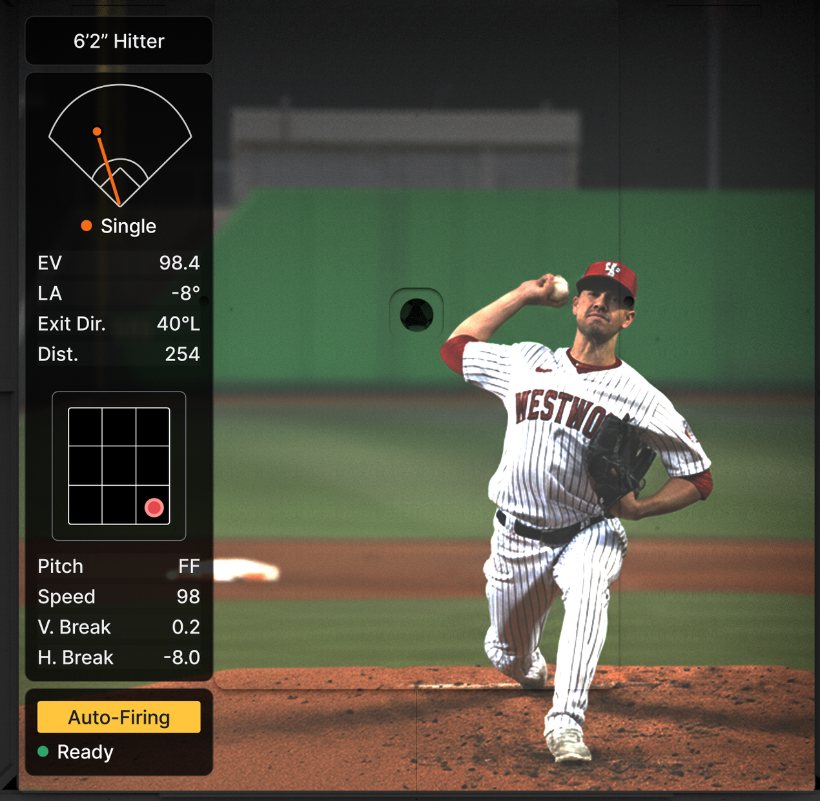 The Trajekt Arc screen showing a pitcher mid-delivery beside a panel of pitch and batted-ball data